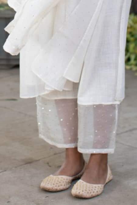 Shop_Pants And Pajamas_Off White Cotton, Chanderi Mukaish And Chikan Round Kaner Embroidered Kurta Set _Online_at_Aza_Fashions