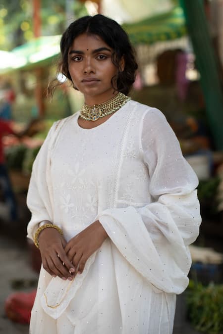 Pants And Pajamas_Off White Cotton, Chanderi Mukaish And Chikan Round Kaner Embroidered Kurta Set _at_Aza_Fashions