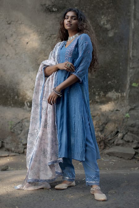 Buy_Pants And Pajamas_Blue Chanderi, Cotton Silk Mukaish And Chikan V Neelkamal Embroidered Kurta Set _Online_at_Aza_Fashions