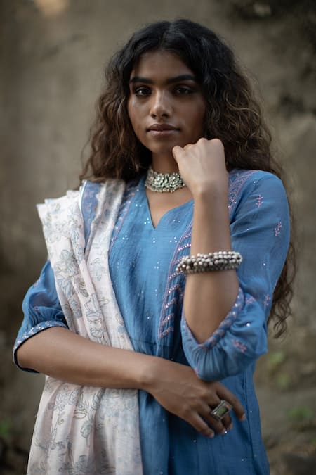 Shop_Pants And Pajamas_Blue Chanderi, Cotton Silk Mukaish And Chikan V Neelkamal Embroidered Kurta Set _Online_at_Aza_Fashions