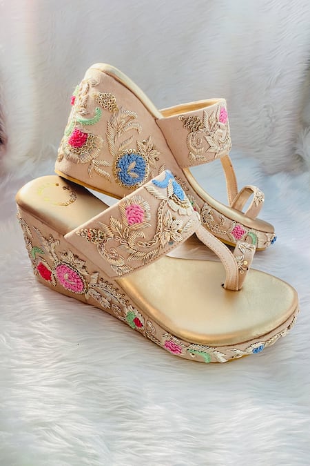 Rajasthani Stuff - Gold Floral Embroidered Wedges