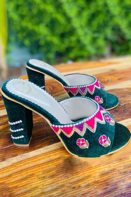 Buy Green Velvet Floral Embroidered Heels by Rajasthani Stuff Online at Aza Fashions