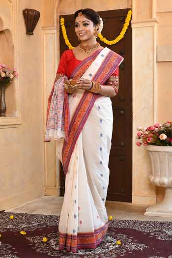 Samyukta Singhania_White Lotus Woven Saree_Online_at_Aza_Fashions