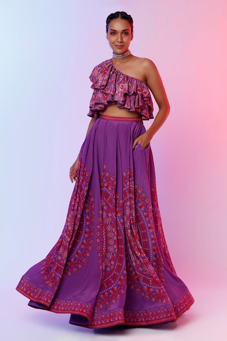 SVA by Sonam & Paras Modi Purple Silk Printed Floral One Shoulder Top And Lehenga Set