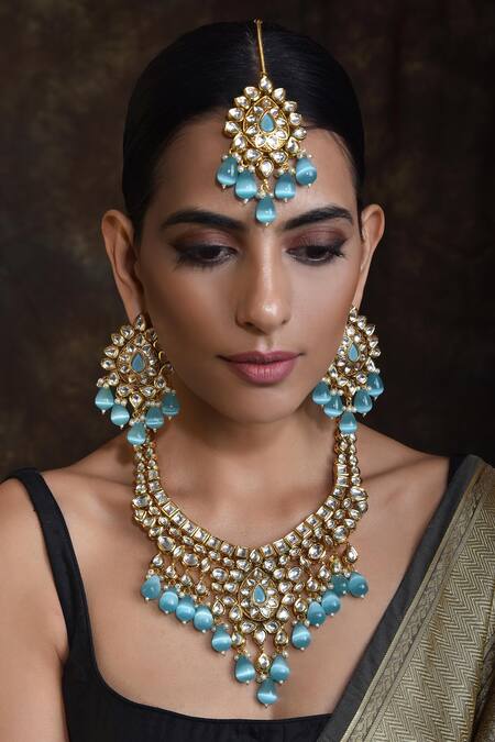 Swabhimann Blue Stones Kundan Embellished Necklace Set Online at Aza Fashions Swabhimann_Blue Stones Kundan Embellished Necklace Set _Online_at_Aza_Fashions