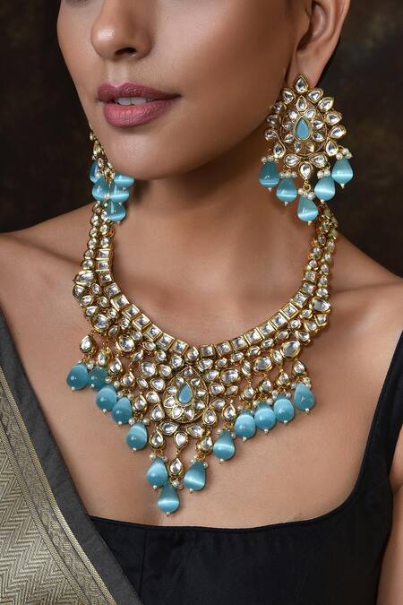 Shop Swabhimann Blue Stones Kundan Embellished Necklace Set Online at Aza Fashions Shop_Swabhimann_Blue Stones Kundan Embellished Necklace Set _Online_at_Aza_Fashions
