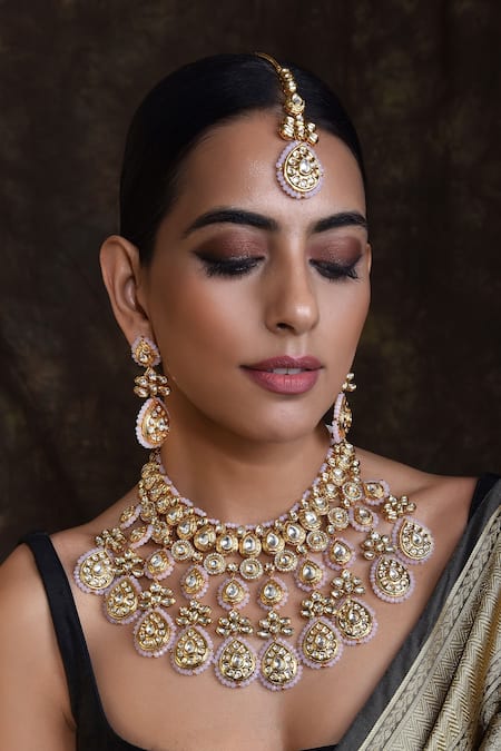 Swabhimann Gold Plated Beads, Diamonds Kundan Embellished Necklace Set Online at Aza Fashions Swabhimann_Gold Plated Beads, Diamonds Kundan Embellished Necklace Set _Online_at_Aza_Fashions