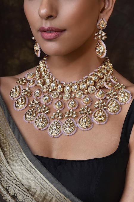 Shop Swabhimann Gold Plated Beads, Diamonds Kundan Embellished Necklace Set Online at Aza Fashions Shop_Swabhimann_Gold Plated Beads, Diamonds Kundan Embellished Necklace Set _Online_at_Aza_Fashions