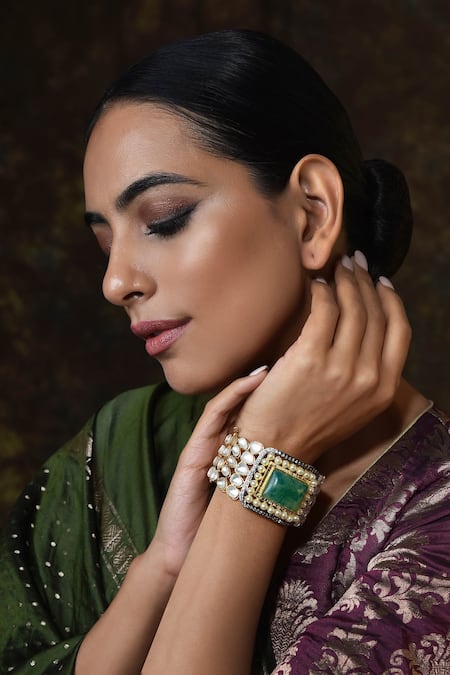 Shop_SWABHIMANN_Gold Plated Stones, Pearls Kundan Embellished Kada _at_Aza_Fashions
