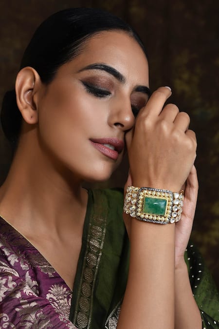 SWABHIMANN_Gold Plated Stones, Pearls Kundan Embellished Kada _Online_at_Aza_Fashions
