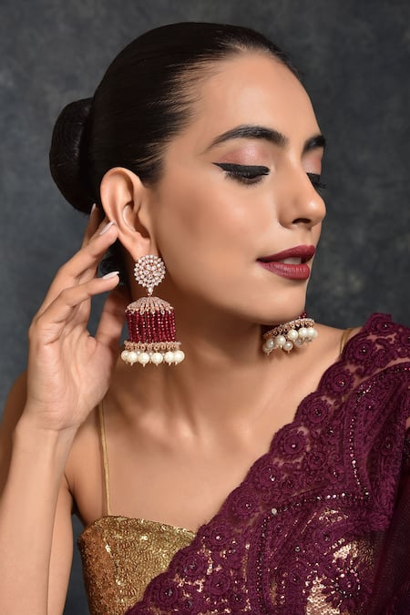 SWABHIMANN Gold Plated Zirconia Embellished Jhumkis 