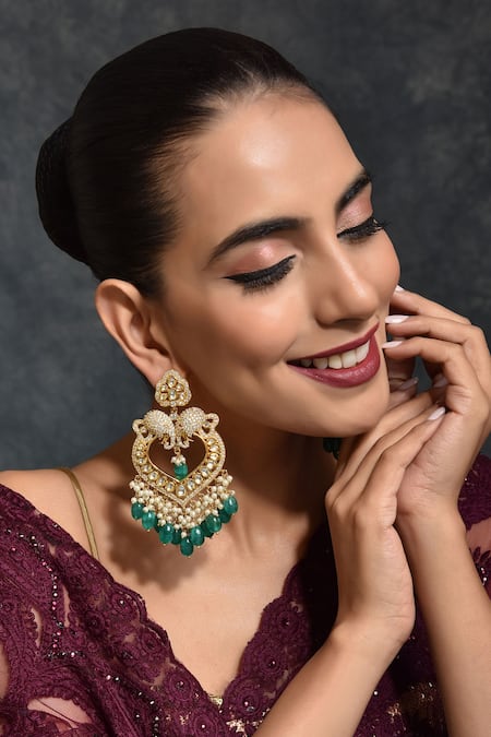 Swabhimann_Gold Plated Pearls, Zari, Beads Heart Shape Dangler Earrings _Online_at_Aza_Fashions