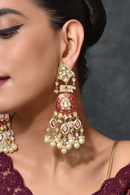 Shop_Swabhimann_Gold Plated Pearls, Diamonds, Stones Kundan Embellished Dangler Earrings _Online_at_Aza_Fashions