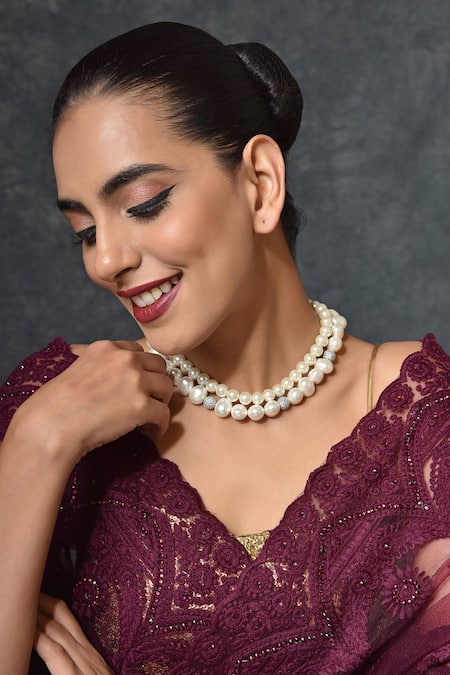 Shop_Swabhimann_White Layered Pearl Necklace _at_Aza_Fashions