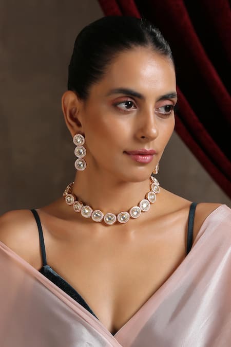 Swabhimann_Gold Plated Imitation Diamonds Kundan Embellished Choker Set _Online_at_Aza_Fashions