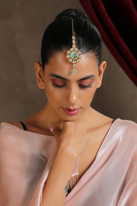 Swabhimann_Gold Plated Kundan And Beads Maangtikka _Online_at_Aza_Fashions