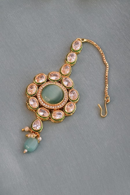 Shop_Swabhimann_Gold Plated Kundan And Beads Maangtikka _Online_at_Aza_Fashions