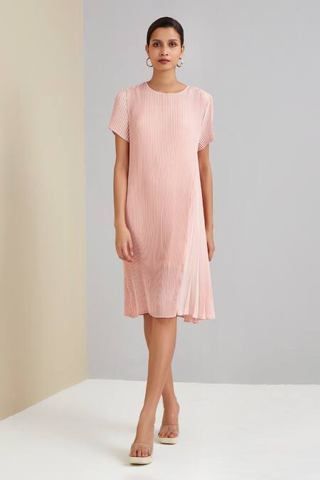 Buy_Scarlet Sage_Pink 100% Polyester Plain Round Pleated Dress_Online_at_Aza_Fashions