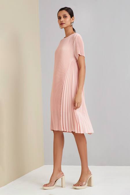 Shop_Scarlet Sage_Pink 100% Polyester Plain Round Pleated Dress_Online_at_Aza_Fashions