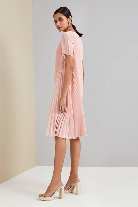 Scarlet Sage_Pink 100% Polyester Plain Round Pleated Dress_at_Aza_Fashions