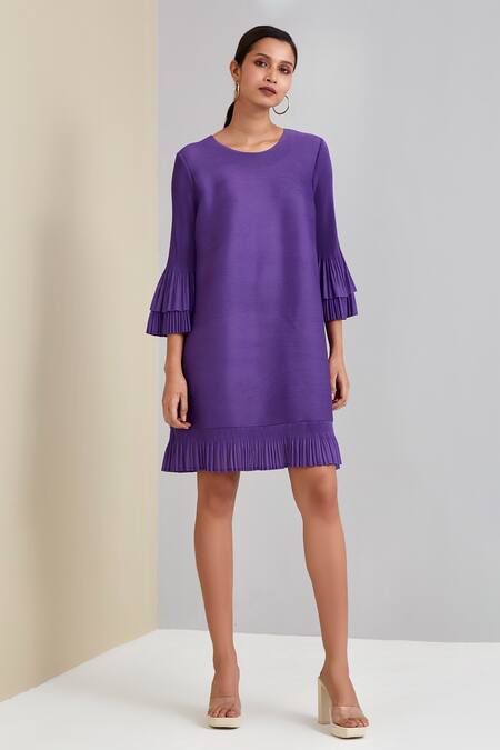 Buy Scarlet Sage Purple 100% Polyester Plain Round Bell Sleeve Dress at Aza Fashions Buy_Scarlet Sage_Purple 100% Polyester Plain Round Bell Sleeve Dress_at_Aza_Fashions