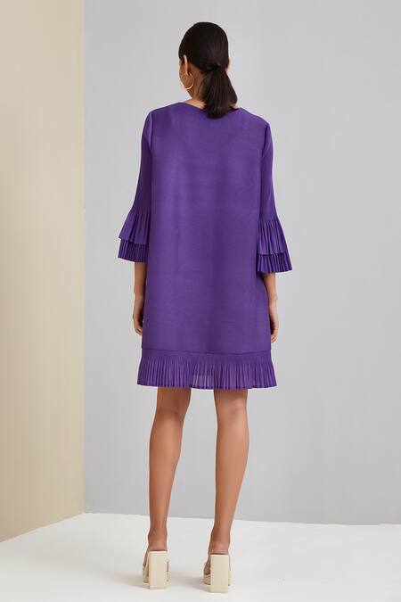 Shop Scarlet Sage Purple 100% Polyester Plain Round Bell Sleeve Dress at Aza Fashions Shop_Scarlet Sage_Purple 100% Polyester Plain Round Bell Sleeve Dress_at_Aza_Fashions
