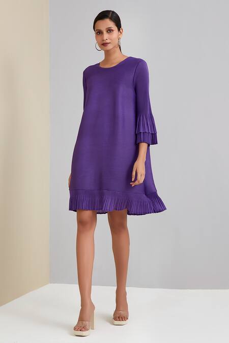 Shop Scarlet Sage Purple 100% Polyester Plain Round Bell Sleeve Dress Online at Aza Fashions Shop_Scarlet Sage_Purple 100% Polyester Plain Round Bell Sleeve Dress_Online_at_Aza_Fashions