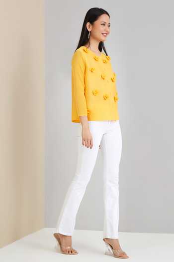 Scarlet Sage_Yellow 100% Polyester 3d Flowers Round Pleated Cardigan Applique Shirt_Online_at_Aza_Fashions