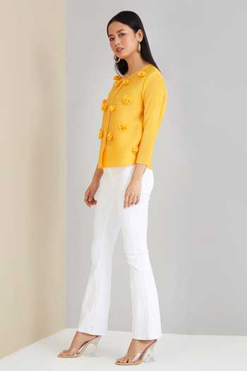 Buy_Scarlet Sage_Yellow 100% Polyester 3d Flowers Round Pleated Cardigan Applique Shirt_Online_at_Aza_Fashions
