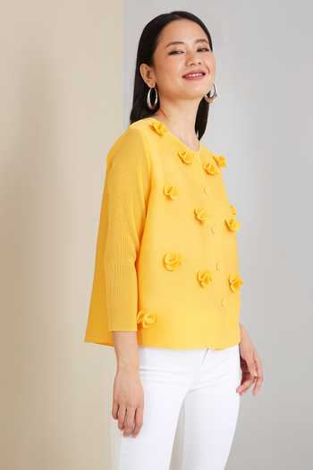 Shop_Scarlet Sage_Yellow 100% Polyester 3d Flowers Round Pleated Cardigan Applique Shirt_Online_at_Aza_Fashions