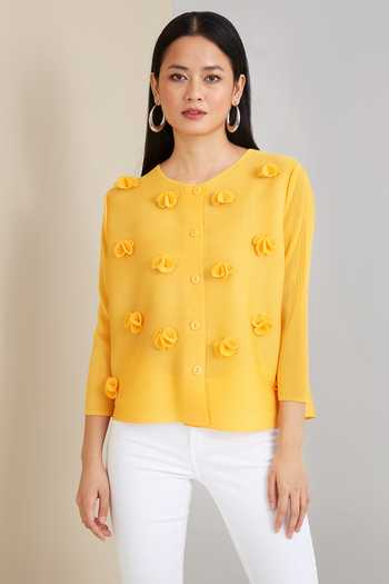 Scarlet Sage_Yellow 100% Polyester 3d Flowers Round Pleated Cardigan Applique Shirt_at_Aza_Fashions
