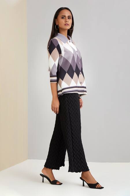 Scarlet Sage_Black Polyester Harlequin Print Shirt_Online_at_Aza_Fashions