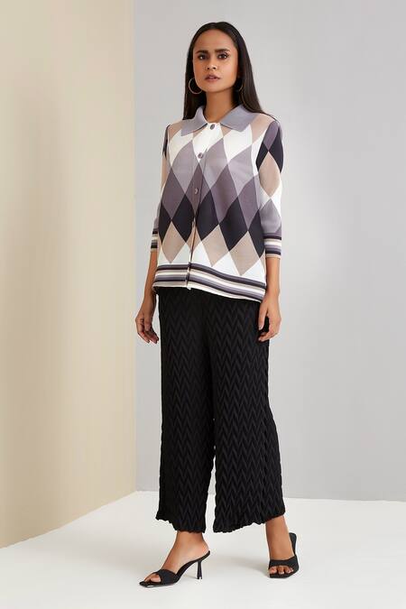 Shop_Scarlet Sage_Black Polyester Harlequin Print Shirt_Online_at_Aza_Fashions