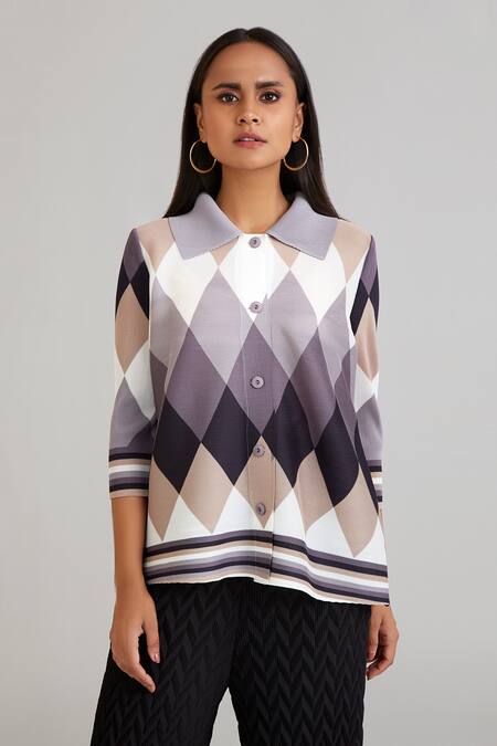 Scarlet Sage_Black Polyester Harlequin Print Shirt_at_Aza_Fashions