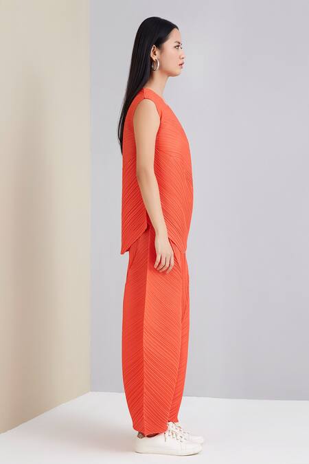 Scarlet Sage Orange 100% Polyester Round Margo Pleated Top And Pant Set Online at Aza Fashions Scarlet Sage_Orange 100% Polyester Round Margo Pleated Top And Pant Set_Online_at_Aza_Fashions