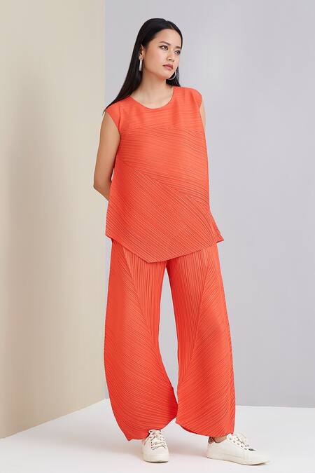 Buy Scarlet Sage Orange 100% Polyester Round Margo Pleated Top And Pant Set Online at Aza Fashions Buy_Scarlet Sage_Orange 100% Polyester Round Margo Pleated Top And Pant Set_Online_at_Aza_Fashions