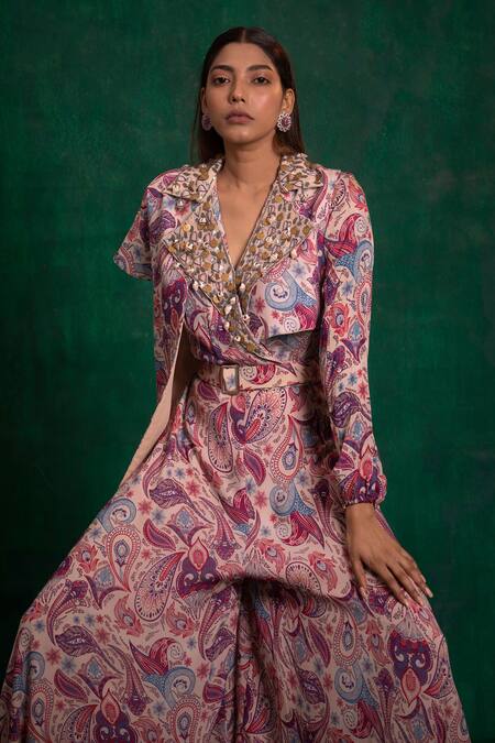 Awigna_Beige Crepe Draped Jacket Style Jumpsuit_Online_at_Aza_Fashions