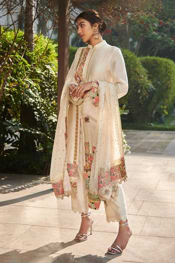 Buy_Varun Bahl_White Dupatta-georgette, Kurta And Trouser-chanderi Chanderi Trouser Set _Online_at_Aza_Fashions