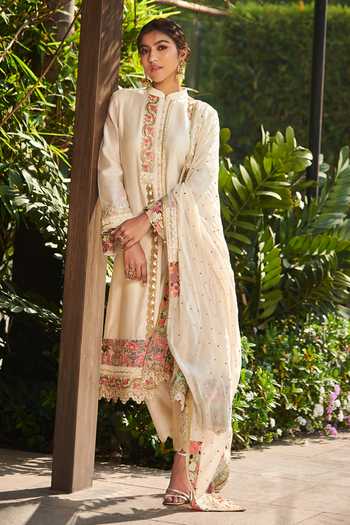 Shop_Varun Bahl_White Dupatta-georgette, Kurta And Trouser-chanderi Chanderi Trouser Set _Online_at_Aza_Fashions