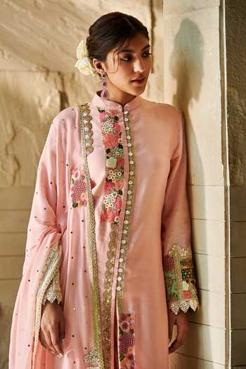 Varun Bahl_Peach Dupatta-georgette, Kurta And Trouser-chanderi Chanderi Trouser Set _Online_at_Aza_Fashions