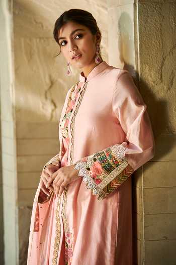 Buy_Varun Bahl_Peach Dupatta-georgette, Kurta And Trouser-chanderi Chanderi Trouser Set _Online_at_Aza_Fashions
