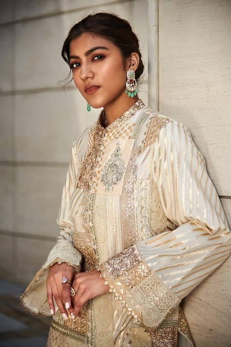 Varun Bahl_White Kurta And Pant Chanderi & Dupatta Georgette Mukaish, Lace & Patchwork Set _Online_at_Aza_Fashions