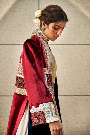 Varun Bahl_Multi Color Jacket Velvet And Blouse Sequin, Lehenga Chanderi Floral Print, Set _Online_at_Aza_Fashions