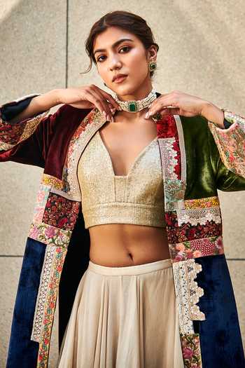 Buy_Varun Bahl_Multi Color Jacket Velvet And Blouse Sequin, Lehenga Chanderi Floral Print, Set _Online_at_Aza_Fashions