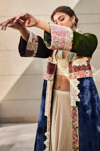 Shop_Varun Bahl_Multi Color Jacket Velvet And Blouse Sequin, Lehenga Chanderi Floral Print, Set _Online_at_Aza_Fashions