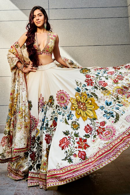 Shop Varun Bahl Multi Color Blouse Dupion Silk And Lehenga Silk, Dupatta Organza Bridal Set at Aza Fashions Shop_Varun Bahl_Multi Color Blouse Dupion Silk And Lehenga Silk, Dupatta Organza Bridal Set _at_Aza_Fashions