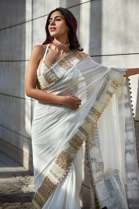 Varun Bahl White Saree Georgette And Bralette Dupion Silk Gota Patti Patchwork Border With Online at Aza Fashions Varun Bahl_White Saree Georgette And Bralette Dupion Silk Gota Patti Patchwork Border With_Online_at_Aza_Fashions