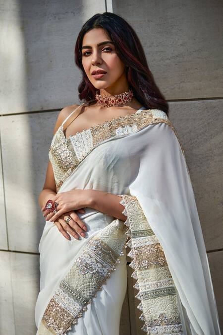 Shop Varun Bahl White Saree Georgette And Bralette Dupion Silk Gota Patti Patchwork Border With Online at Aza Fashions Shop_Varun Bahl_White Saree Georgette And Bralette Dupion Silk Gota Patti Patchwork Border With_Online_at_Aza_Fashions