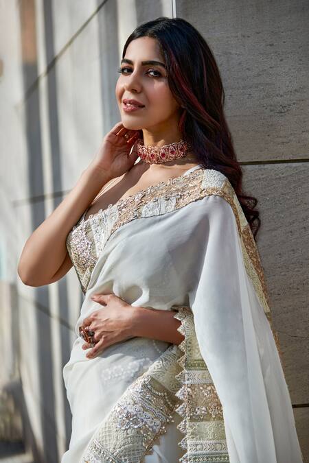 Varun Bahl White Saree Georgette And Bralette Dupion Silk Gota Patti Patchwork Border With at Aza Fashions Varun Bahl_White Saree Georgette And Bralette Dupion Silk Gota Patti Patchwork Border With_at_Aza_Fashions