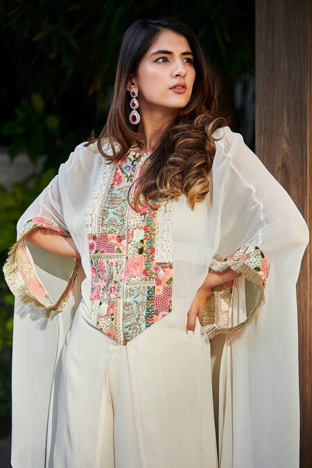 Varun Bahl_White Georgette Patchwork Loop Neck Zipper Tunic And Sharara Set_at_Aza_Fashions